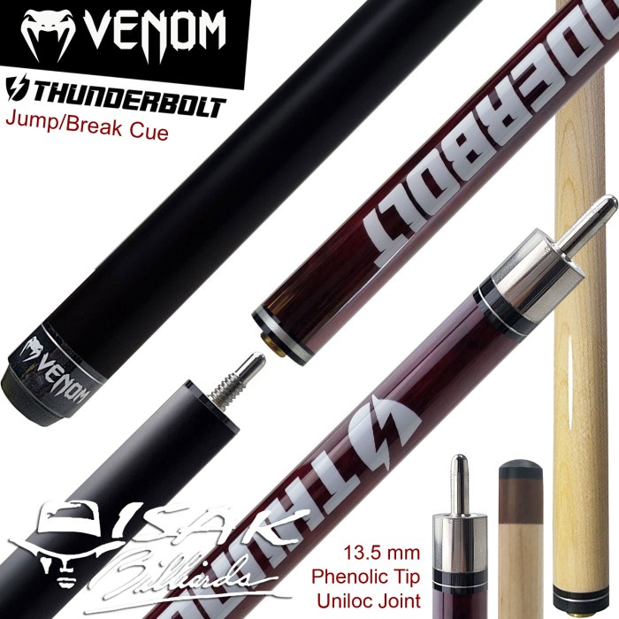 Venom Thunderbolt Jump Break Cue Maroon 13.5mm Stick Loncat Billiard