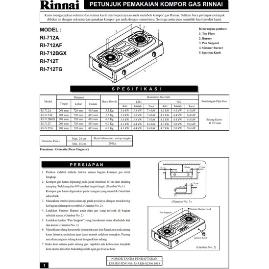 RINNAI RI-712 A KOMPOR GAS GRANDE 2 TUNGKU KUNINGAN RI-712A STAINLESS