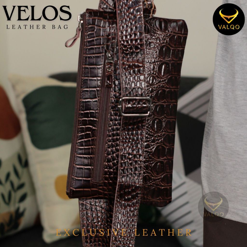 BESTPROMO VALQO VELOS Tas Kulit Sapi Motif Buaya Waist Bag Dada Pinggang Sling bag Cowok Tas Pria