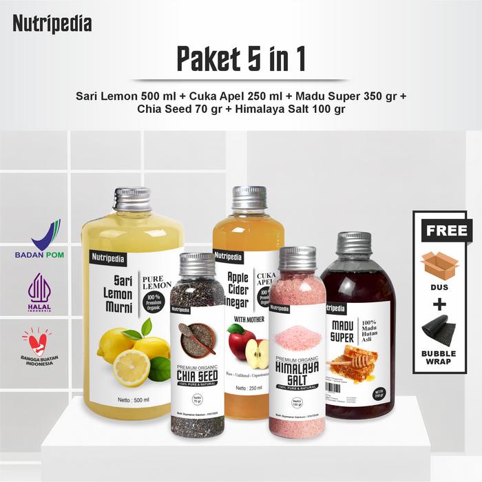 

NUTRIPEDIA Paket 5 in 1 Sari Lemon 500 ml, Cuka Apel 250 ml, Madu Hutan 350 gr, Chia Seeds 70 gr,