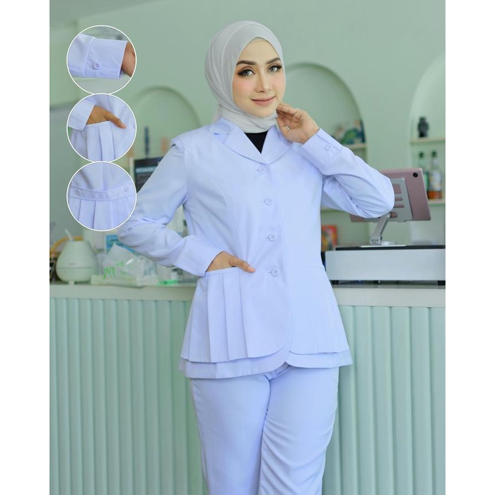 Baju Kerja Dinas Perawat Putih-Putih Rempel Bawah Wanita Setelan Rok Span/Rok.A/Celana Panjang Katun