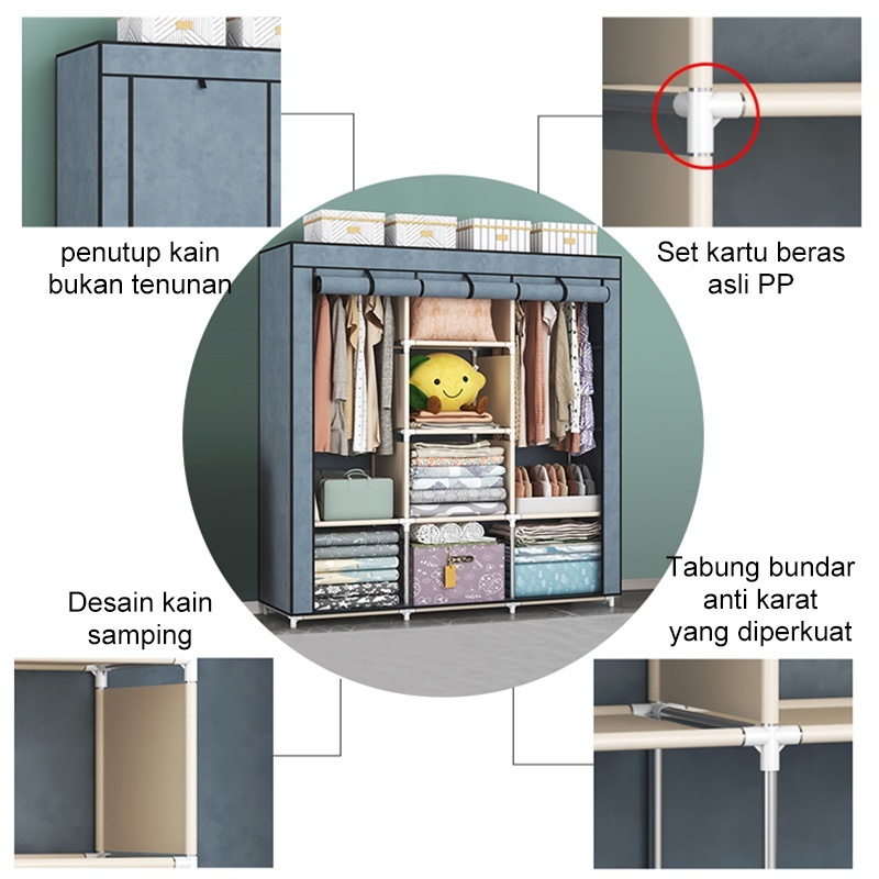 Discount Lemari Pakaian Kain Lemari Baju Jumbo Lemari 3 Sekat Resleting Portable