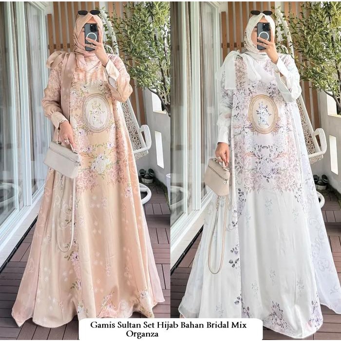 BOOM SALE Pesona Omg Gamis Sultan Set hijab Kancing Belakang Bahan Bridal Printing x Organza Motif