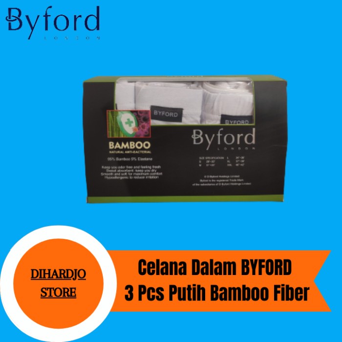 Byford Celana Dalam Pria Putih Isi 3 Pcs All White Bamboo Fiber Asli 100%