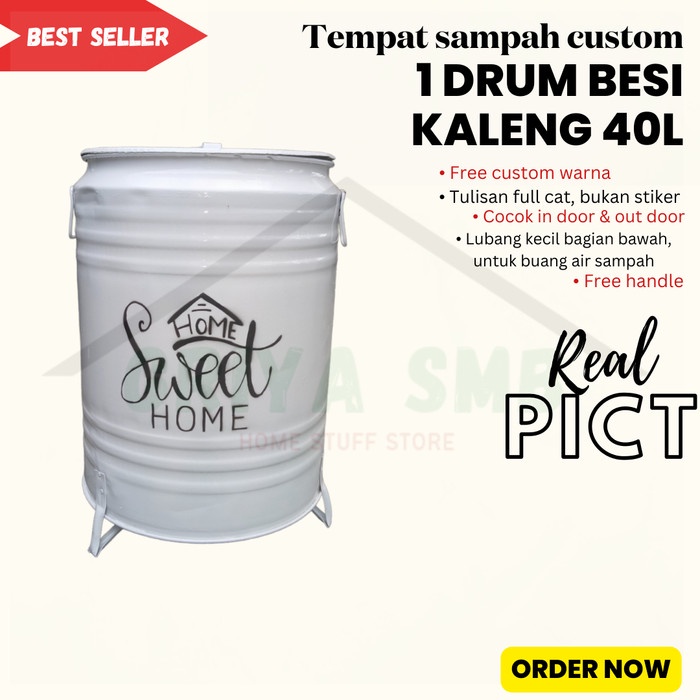 PREMIUM Tempat Sampah Drum Besi Besar 40L Bakar / Pot / Tong Home Sweet Home