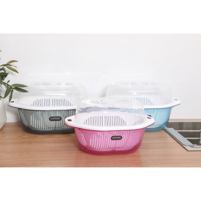 Baskom Lubang Saringan Pencuci buah dan sayuran oval dengan tutup Kode 453