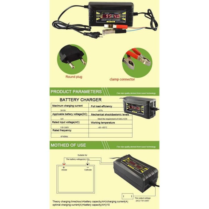 Berkualitas Charger Aki Motor Mobil 12V/6A Cas Accu Upto 100Ah Smart Otomatis