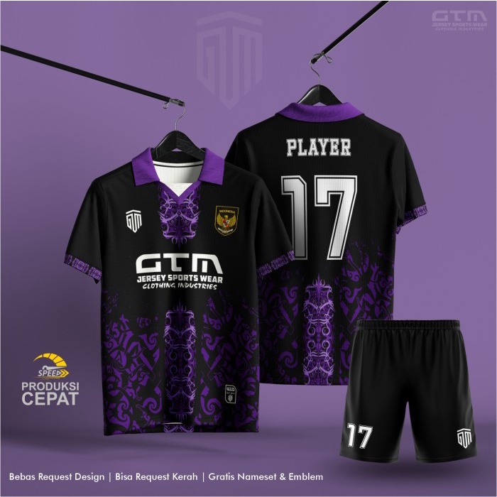JERSEY BOLA FUTSAL HITAM UNGU MOTIF BATIK KERAH RETRO ~COSTUM DESIGN