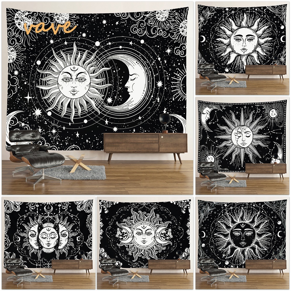Tarot Mandala Permadani Matahari dan Bulan Kain Hitam Putih Kain Permadani Besar Hiasan Dinding Boho