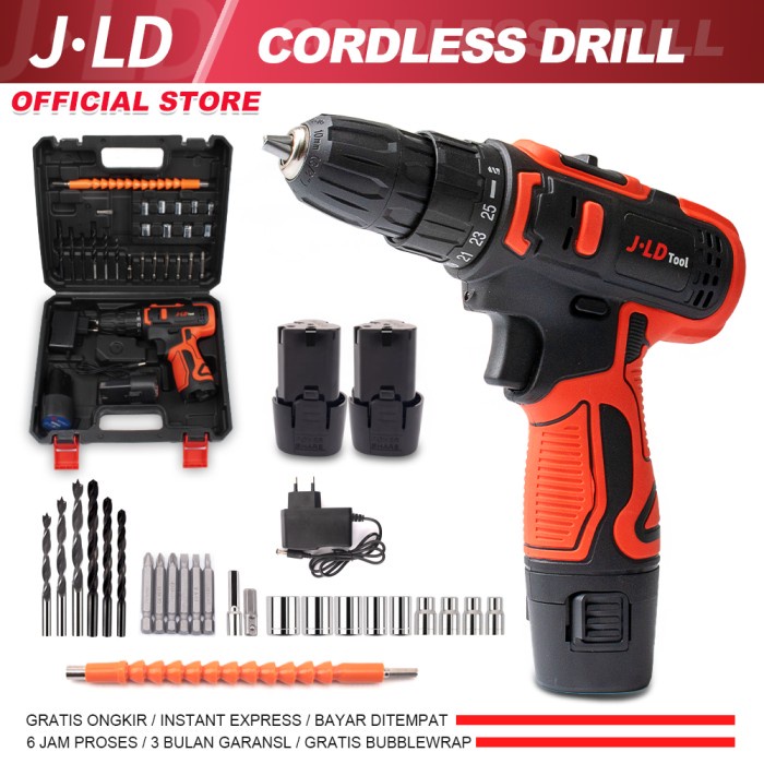 Cordless Drill Mesin Bor JLD 12V Cas 2 Baterai 29pcs Tool Kits Hitam