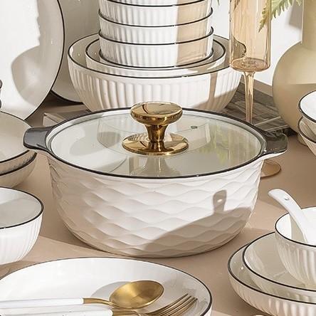 KUYY MONOKROM PANCI SAJI KERAMIK 2.3L TUTUP KACA ELEGAN TAHAN PANAS COCOK UNTUK HIDANGAN PACKING