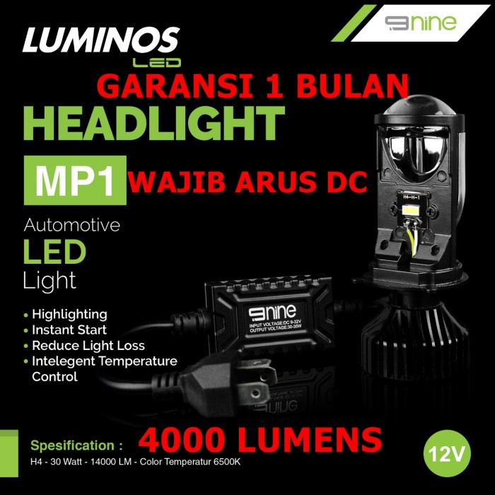Lampu Led H4 Mini Projector Mp1 9Nine Luminos Original Super Terang Mo
