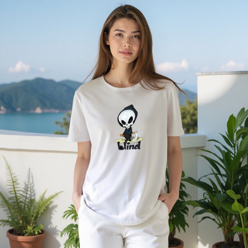 【Best Price】 atasan wanita putih Grim Reaper Blind Skateboard TShirt Blind Print Katun Kualitas Dist