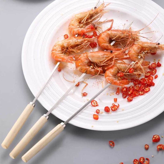 50 Buah Alat Tusuk Sate Stainless Steel Stik Besi Gagang Kayu Tusukan Bakar Ikan Udang Barbeku