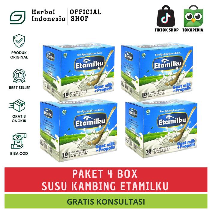 

terbaru !!! paket 4 box bpom etamilku susu kambing etawa bubuk plus propolis - isi 10 sachet dairy