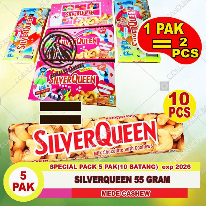 

SilverQueen 55 gram 1 Box Isi 10 ex 58 gram, SilverQueen 55gr Cokelat Susu Kacang Mete Coklat Ukuran