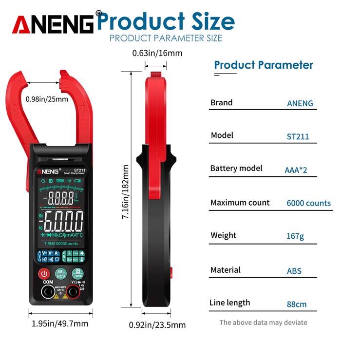 Aneng St211 Tang Amper Multimeter Tester Digital Ac/Dc Original