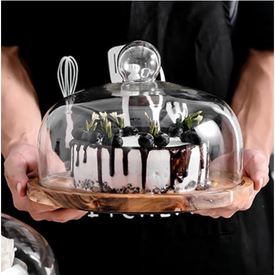 Cake Stand / Dessert Wood Plate / Acasia Wood / Tempat Kue Tutup Kaca