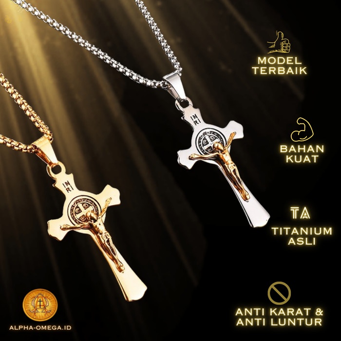 Kalung Salib Katolik Medali St Santo Benediktus Titanium Salib Keren