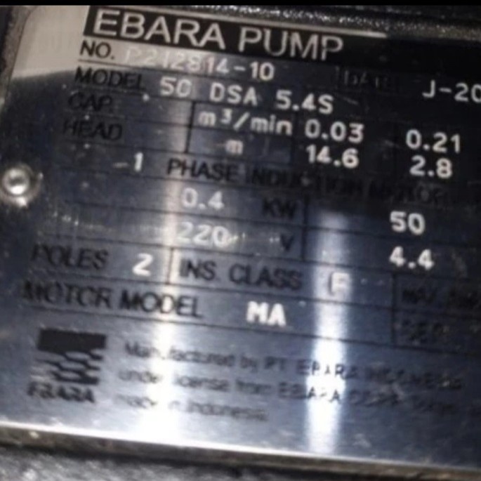 Pompa Ebara 50 DSA 5.4S 0,4KW 220V pompa celup Ebara Automatis ebara