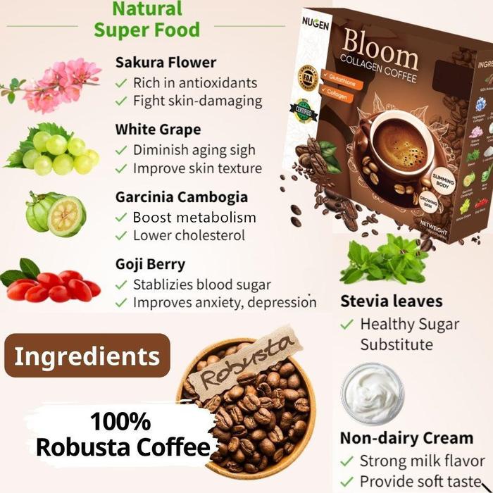 

4-1CodBloom Kopi Kolagen, Minuman Seduhan Padat, 12 Count Coffee Cup Kopi Tubruk Kopi Bebas Kafein
