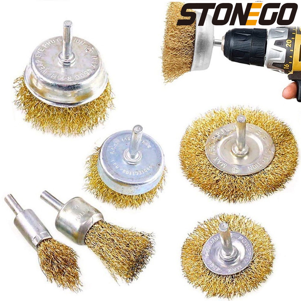 STONEGO 6Pcs Wire Brush Set with Rod Brass Coated Wire Brush Deburring Polishing Wire Brush Drill Bi