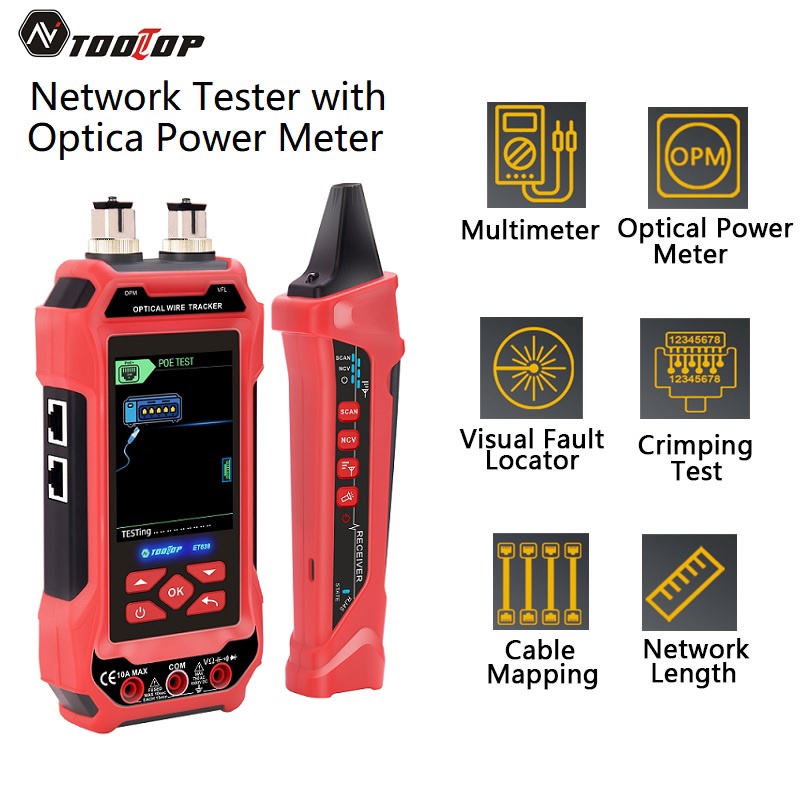 TOOLTOP 4 in 1 Network Cable Tester Optical Power Meter PoE LAN Test 60000 Counts Digital Multimeter
