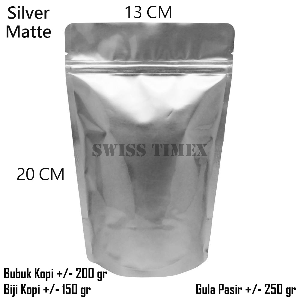 

Standing Pouch Aluminium Foil Silver (Perak) Matte 13x20 Ziplock 50 Pcs