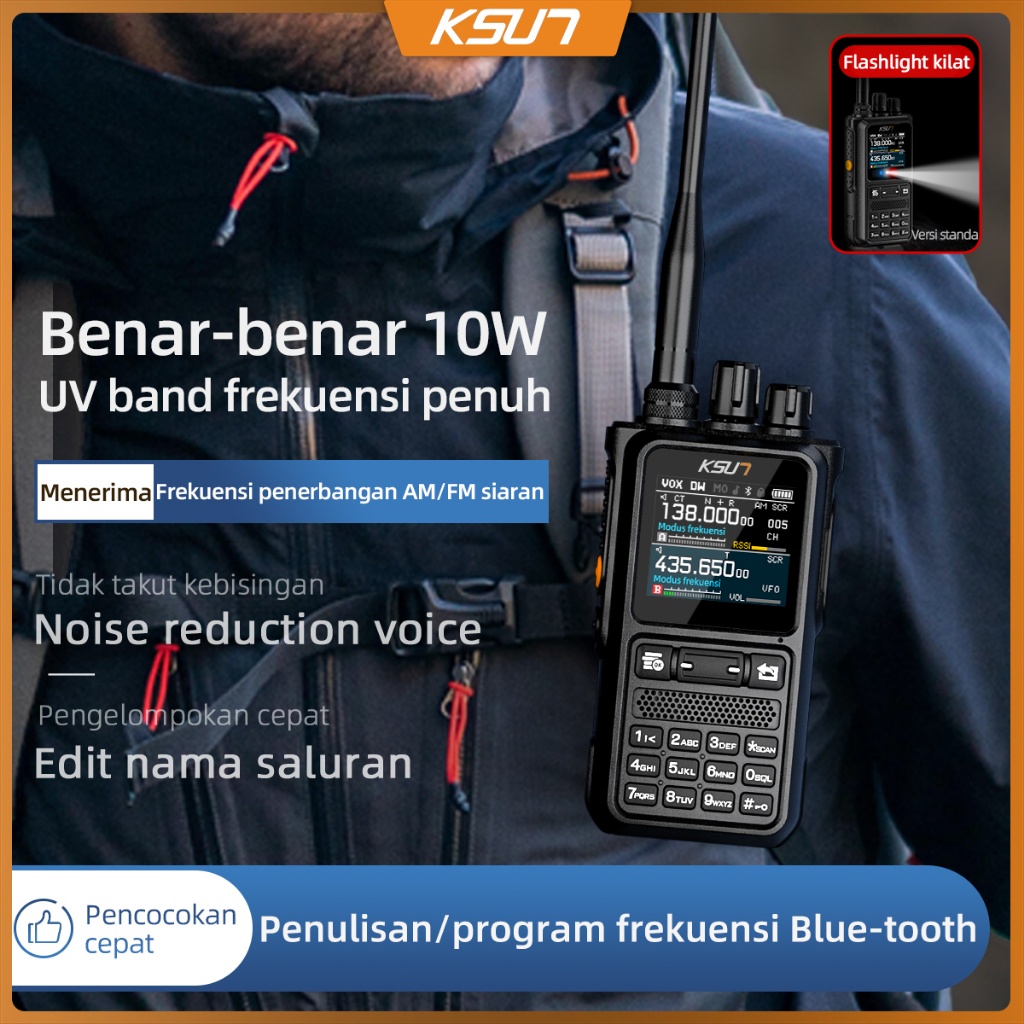 KSUN UV110D VHF UHF Dual Band HAM Radio Transceiver 10W SOS Flashlight Two Way Radio 0-9 Squelch
