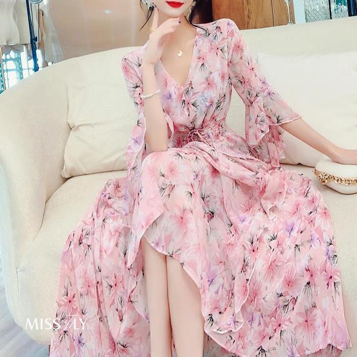 D1102 Gentlee Korean Style Floral Vintage Maxi Dress Bumil Hijab Pantai Liburan Manis Jalan Bunga