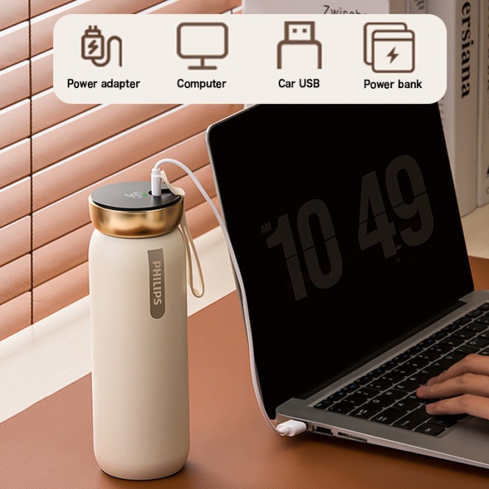 Philips Cangkir Termos 460Ml Termo Vakum Sus316 Dengan Layar Suhu Dan Port Charger Type-C Bisa