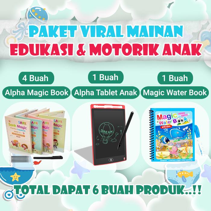 [Cod] Paket Edukasi Anak Lengkap Untuk Motorik, Sank Magic Book, Lcd Drawing Tablet, Magic Water