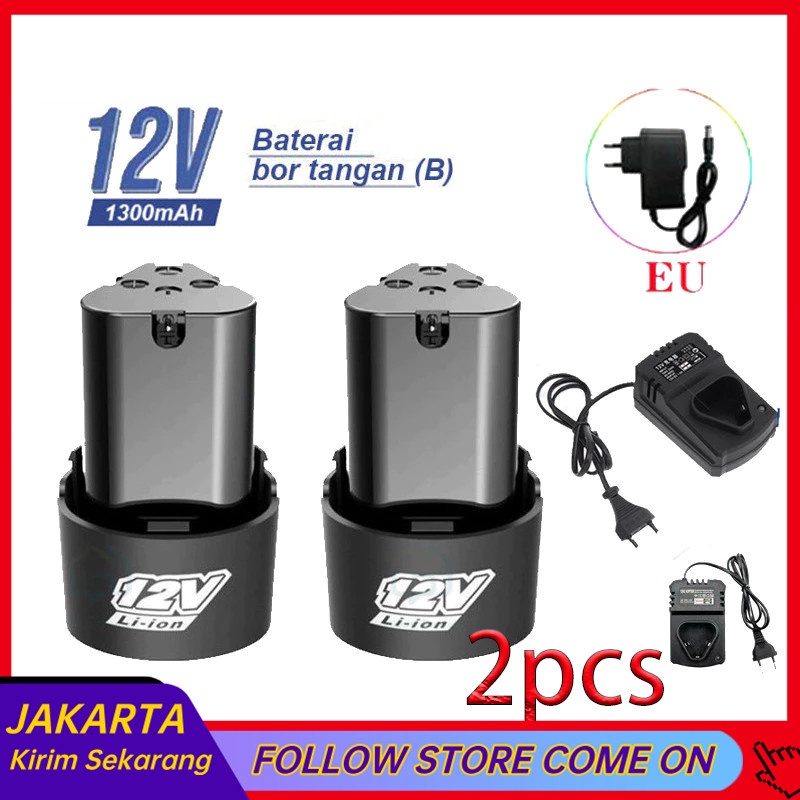Baterai Mesin Bor Cas 12 Volt 1300mAh Cordless Drill+Charger/baterai lithium yang dapat diisi ulang
