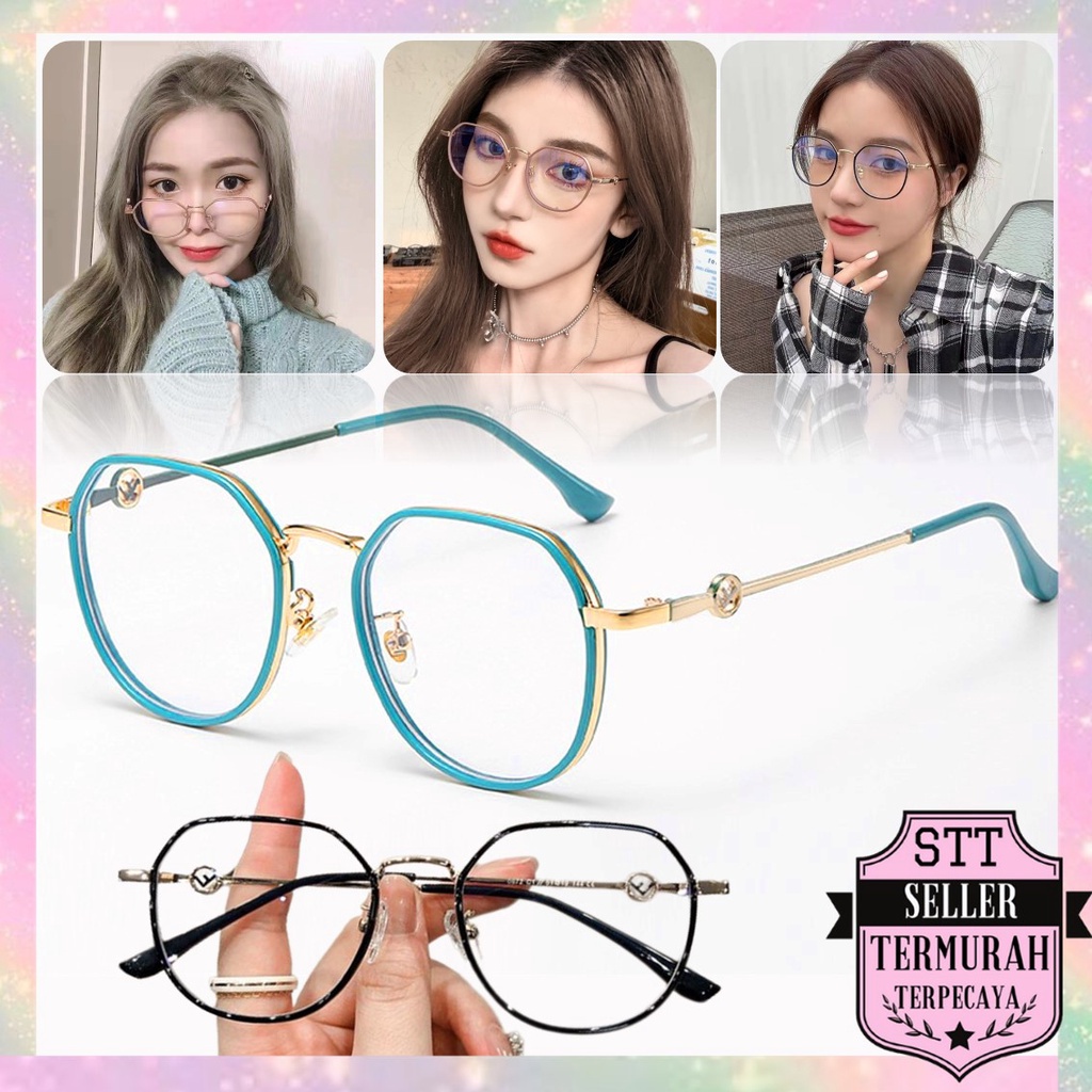 ACCMT- STT Kacamata Anti Radiasi 6637 Kaca Mata Poligonal Wanita Pria Frame Sunglasses Lensa