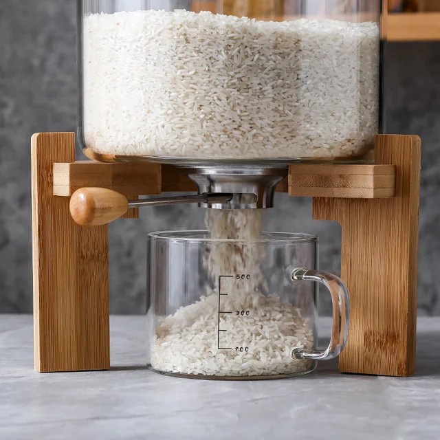 Laris Dispenser Beras Kaca Estetik Dengan Kayu Wooden Rice Box Serbaguna
