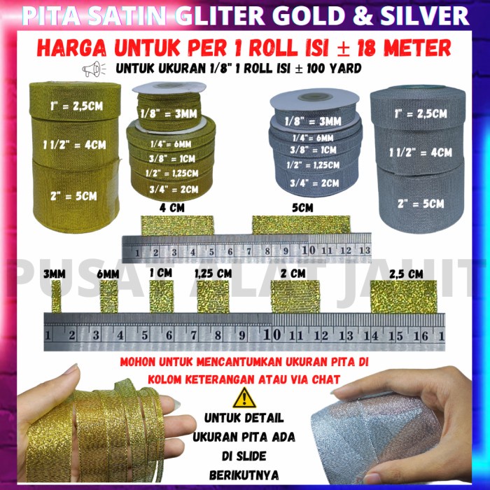 

pernakpernik- LENGKAP UKURAN PITA SATIN SATEN GLITTER EMAS GOLD PERAK SILVER PER ROL