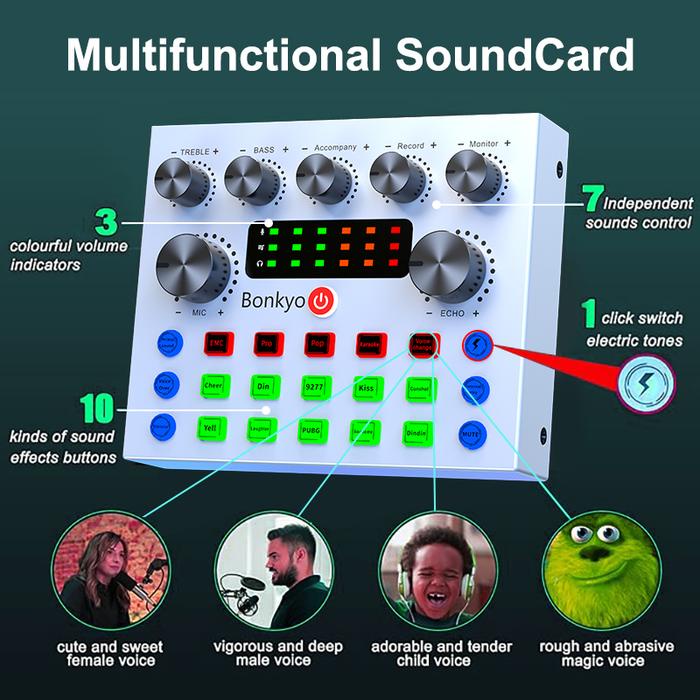 Bonkyo V8S+M996+ Headphone Berkabel SoundCard set Bluetooth Audio Usb External - Sound Card Merah