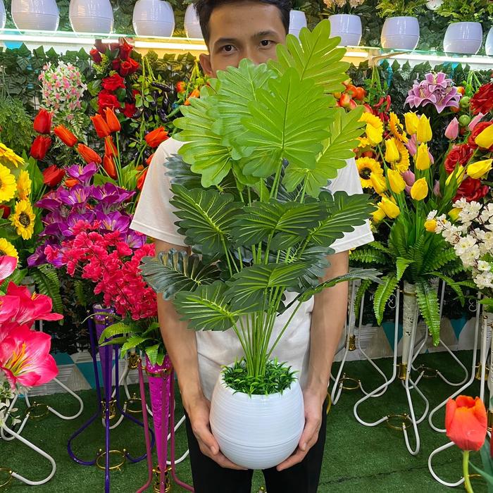BUNGA HIAS DAUN TALAS JUMBO CABANG 18 KUNTUM SET POT VIENA BUNGA PELASTIK