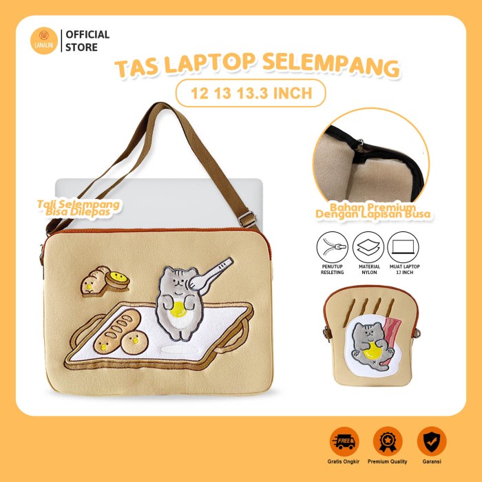 Jt Top Tas Selempang Sleeve Shoulder Bag Laptop Wanita 12 13 13.3 14 Inch Brown Cat Lucu Karakter