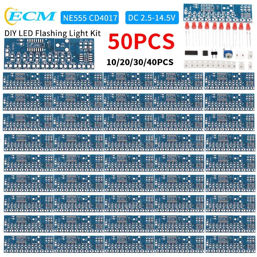 50PCS-5 NE555 +CD4017 Red LED Flashing Light DIY Kit SMD Soldering Practice Suite LED Water Flowing 