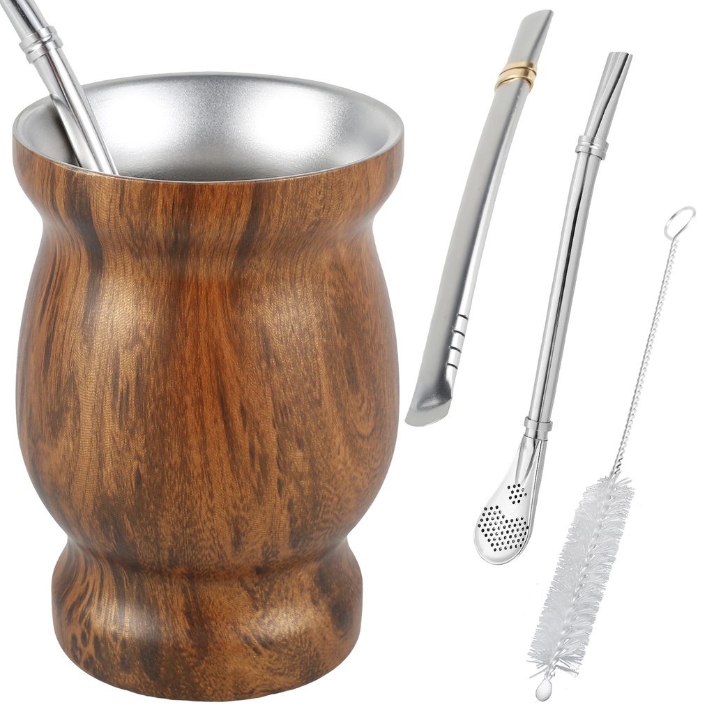 8oz Yerba Mate Cup Stainless Steel Mate Tea Cup Set with Straw Brush Straw Spoon Flat Straw and Lid 