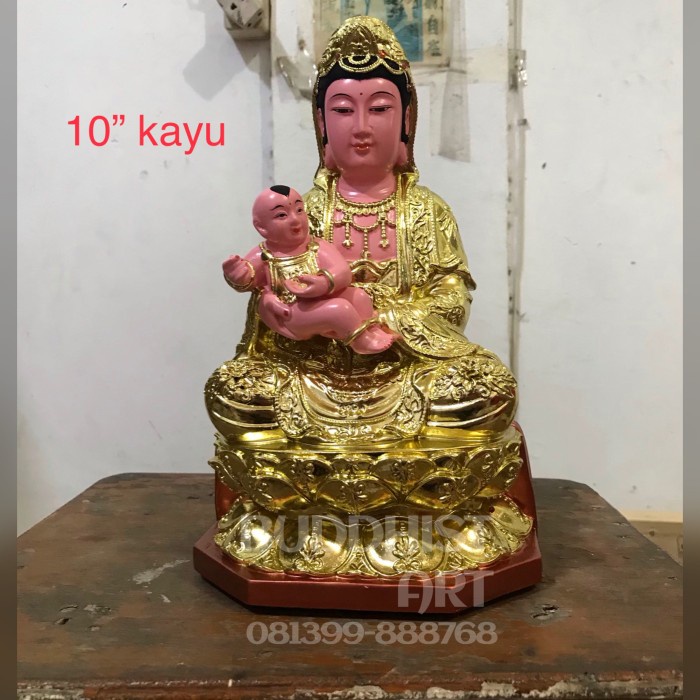 Patung Dewi Kwan Im /Guan Yin / Kwanim Gendong Anak 10 Inch Kayu