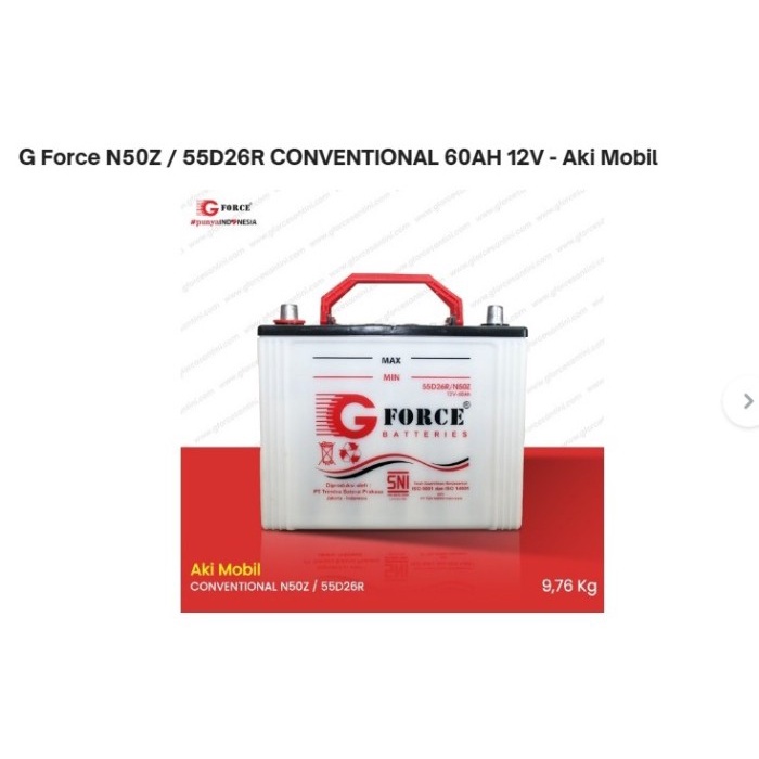 Gforce N50Z - 55D26R / N50Zl - 55D26L (60 Ampere) - Aki Mobil