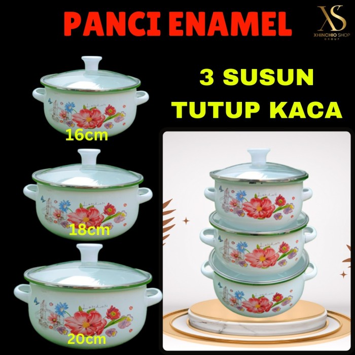 PANCI SET SUSUN 3 BAHAN ENAMEL DAN KACA/PANCI SUSUN 3 WARNA PUTIH