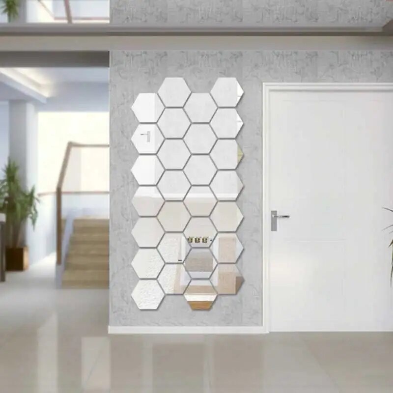 12Pcs Mirror Wall Stickers Living Room Tv Backdrop Decorative Stickers Hexagonal Mirror Wall