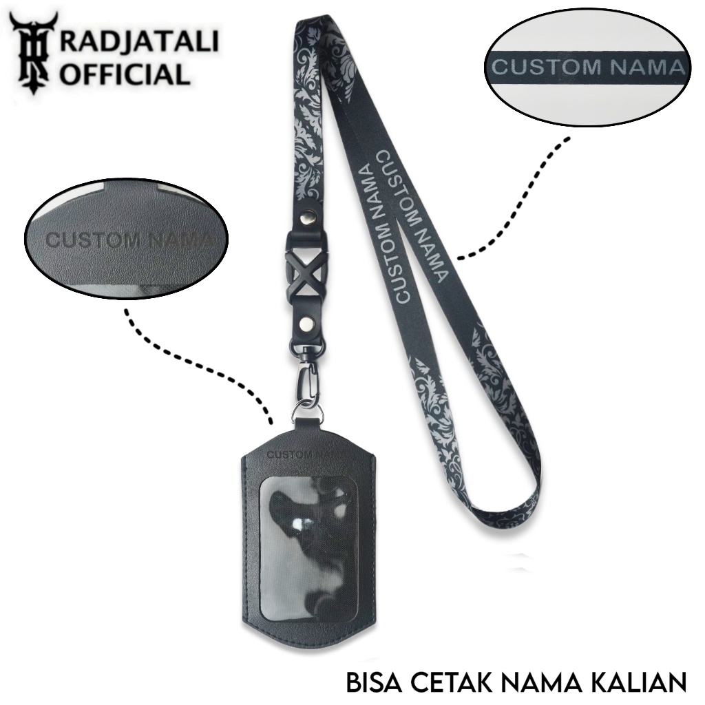 

[K4] Lanyard Kulit Holder ID Card Custom Nama Grafir Leather - BLACK