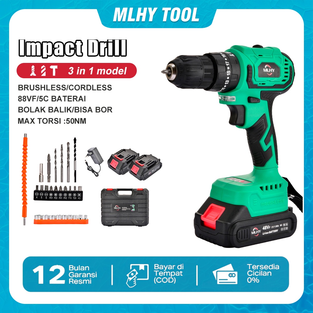 Promo Mlhy Tool Brushless Cordless Impact Bor 48Vf Mesin Bor Cordless 10Mm Bor Listrik / 5C Bor