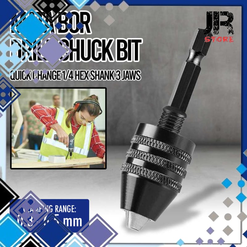 Mata Bor Drill Chuck Bit Quick Change 1 Or 4 Hex Shank 3 Jaws 0.3 6.5mm Wr091 Black