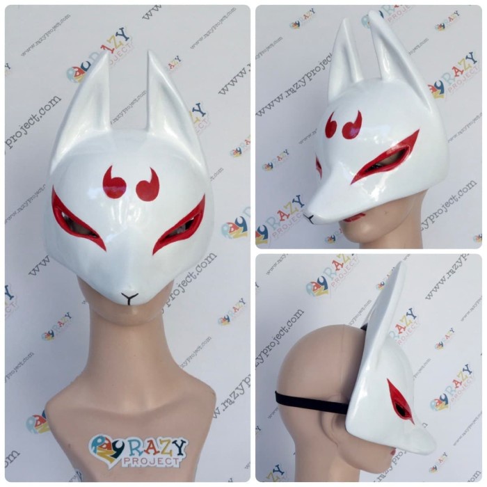 PREMIUM Mask Topeng Kayu Cosplay Anime Jepang Kitsune Fox Rubah Half Setengah