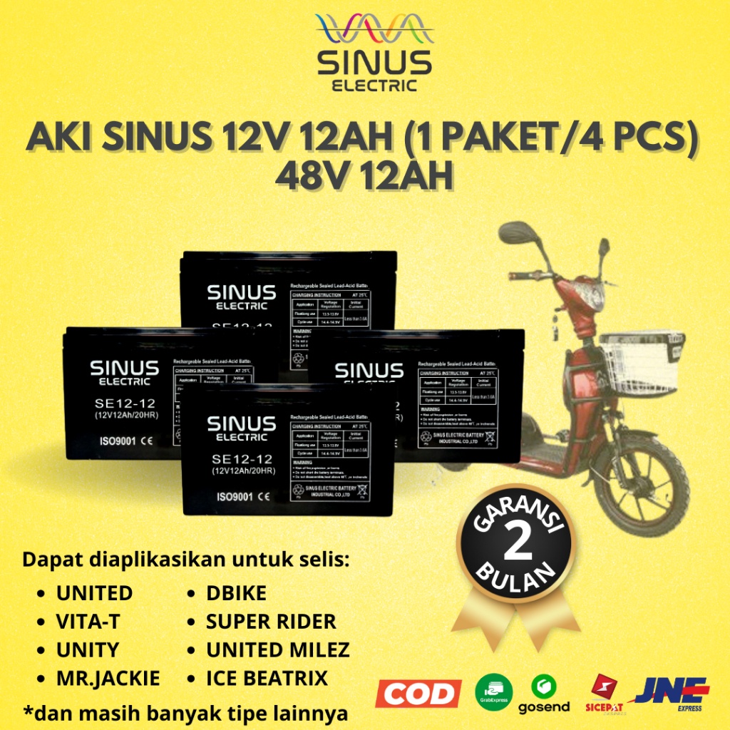 Aki Sepeda Listrik SELIS 1 Paket 12V 12Ah Aki VRLA 12V 12Ah 4 Pcs 48V 12Ah